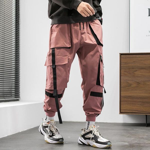 

men's pants aprilmomo sports multi-pocket overalls webbing stitching hip-hop feet casual fitness trousers men, Black
