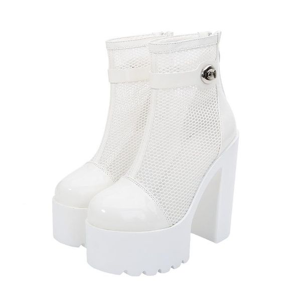 

boots preto branco 2021 nightclub women's platform mesh dance runway roman shoes high heel chunky zyw-831-8, Black