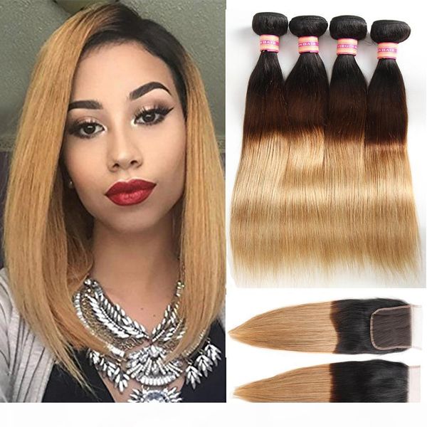 

ombre hair with closure dark root honey blonde human hair bundles brazilian virgin straight hair bundles with closure 1b 27 1b 4 27, Black;brown