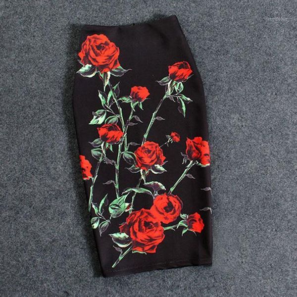 

plus size women skirts casual print flowers korean stretchy pencil skirts faldas mujer moda1, Black
