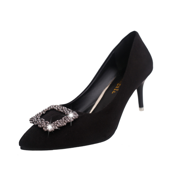 

spring 2020 new pointy suede high heels korean fashion square button women's shoes shallow mouth thin single shoes women, Black