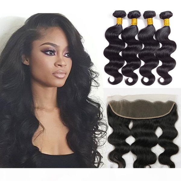 

aliyou brazilian virgin hair body wave hair weaves bundles with frontal peruvian wet and wary hair 4 bundles with lace frontal closure, Black