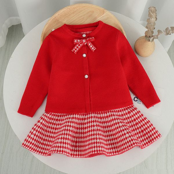 

girls' knitted dress autumn and winter foreign style plaid wool dress suit two piece red skirt set, White