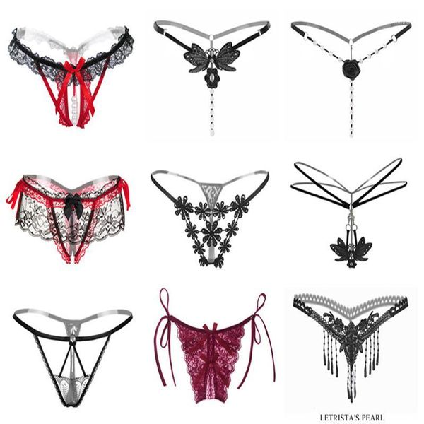 

women's panties t female underwear lace seamless thongs pants pearl erotic women crotchless1, Black;pink