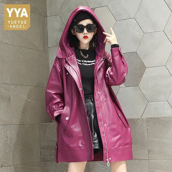 

designer women loose fit hoody midi long jacket harajuku hip hop loose outwear trench coat windbreaker genuine leather jacket1, Black