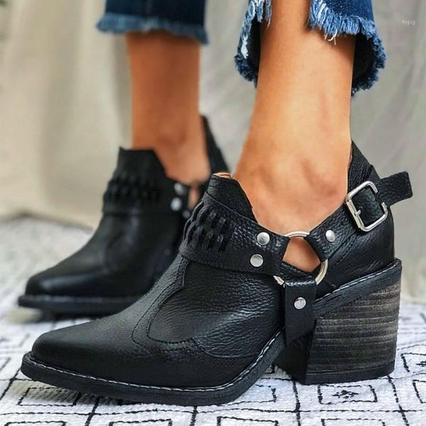 

boots women ankle high heels pumps shoe autumn vintage pu leather shoes plus size gladiator booties woman mujer zapatos d21971, Black