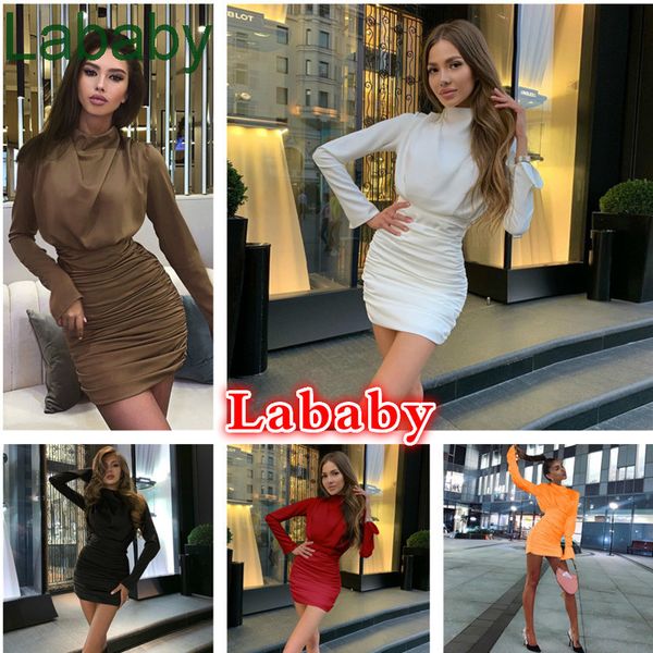 

2021 spring fashion pleated half stand round neck hip skirt long sleeve dress for women solid colour slim sexy, Black;gray