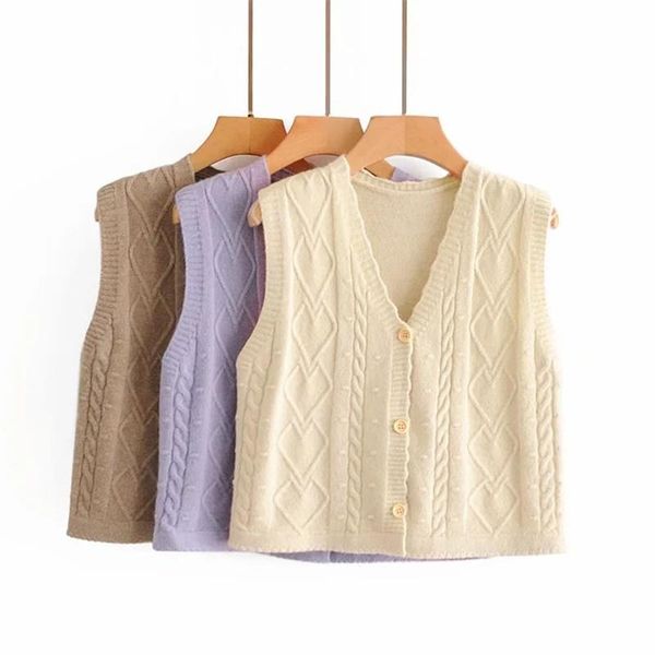 

women's vests women fashion solid color knitted vest sweaters vintage v neck side vents female single-breasted waistcoat chic cardigan, Black;white