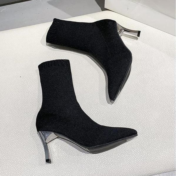 

на высоких каблуках 2020 новый стиль заостренный носок тонких каблуках чистые красные сапоги короткие сапоги женские летания тканые эластичн, Black