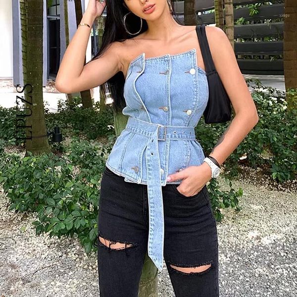 

women elegant off shoulder denim shirt sleeveless belt blouse ladies casual womens and blouses 20201, White