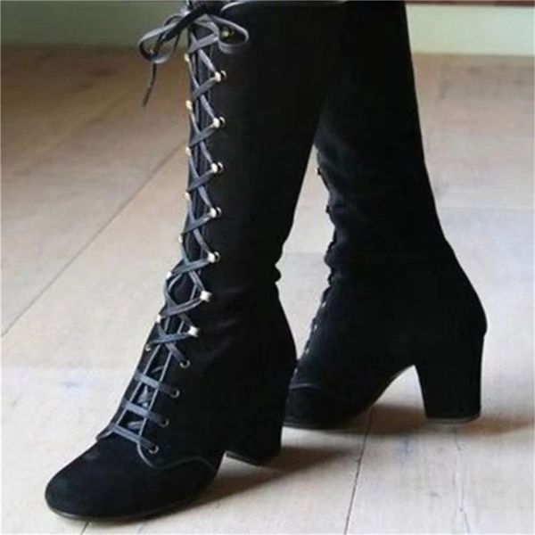 

2021 new kneel retro vintage women mid-calf boots lace up gross leaps shoes 4r37, Black