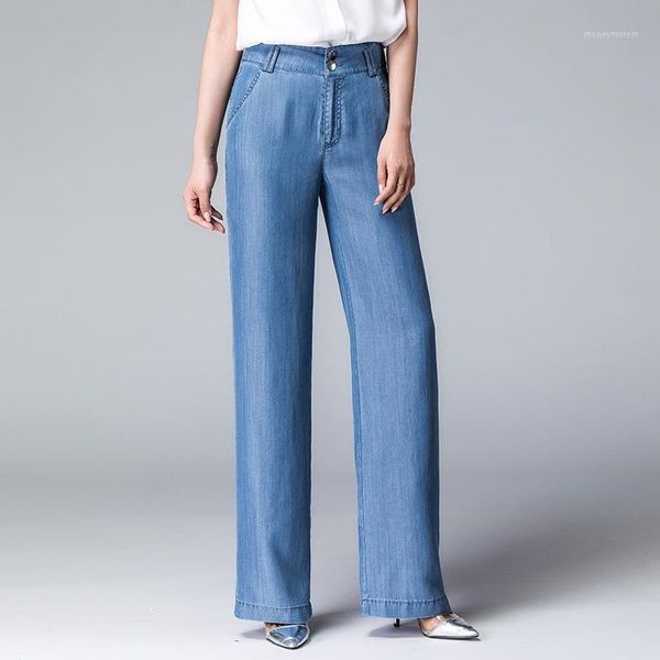 

women's jeans in the summer of 2021 big yards two-button high waist width female height denim trousers g8126 legs1, Blue