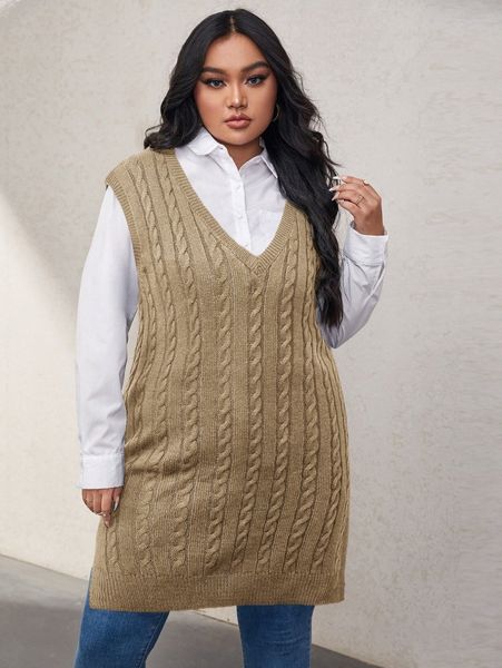 

plus cable knit deep v-neck slit hem sweater dress o3w4#, Black