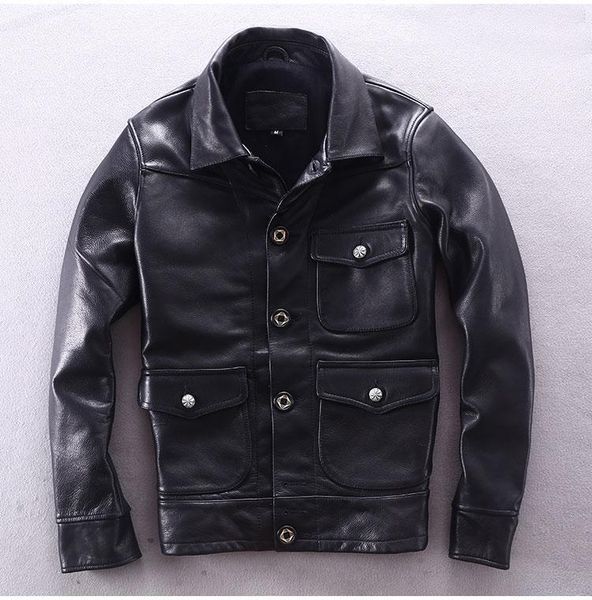 

men 2020 motorcycle cowhide genuine leather jacket male slim fit short multi-pocket locomotive clothing biker coat1, Black