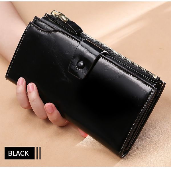 

hbp genuine leather women wallet long lady leather purse brand design luxury oil wax leather female wallet coin purse black, Red;black