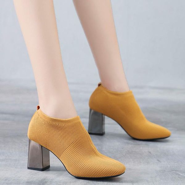 

boots 2021 women ankle block high heels botas zapatos mujer stretch fabric knitting winter shoes woman booties ladies, Black