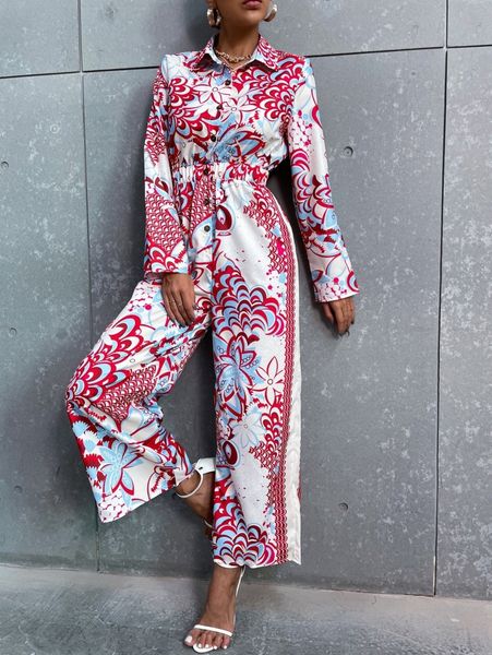

floral print half button wide leg shirt jumpsuit f8tz#, White