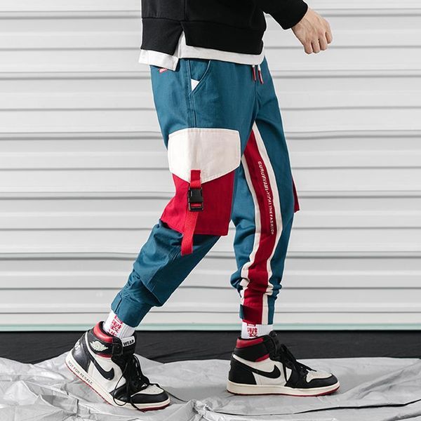 

streetwear cargo pants men patchwork striped hip hop sweatpants 2020 black harem pants men joggers trousers high street