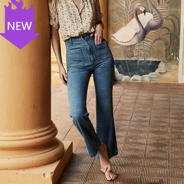 

high waist two pockets micro flare wide leg denim pants new autumn winter women's stretch jeans solid color1, Blue