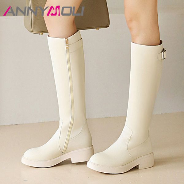 

annymoli riding boots woman med heel knee high boots buckle chunky heel long zip female shoes autumn winter beige size 43, Black
