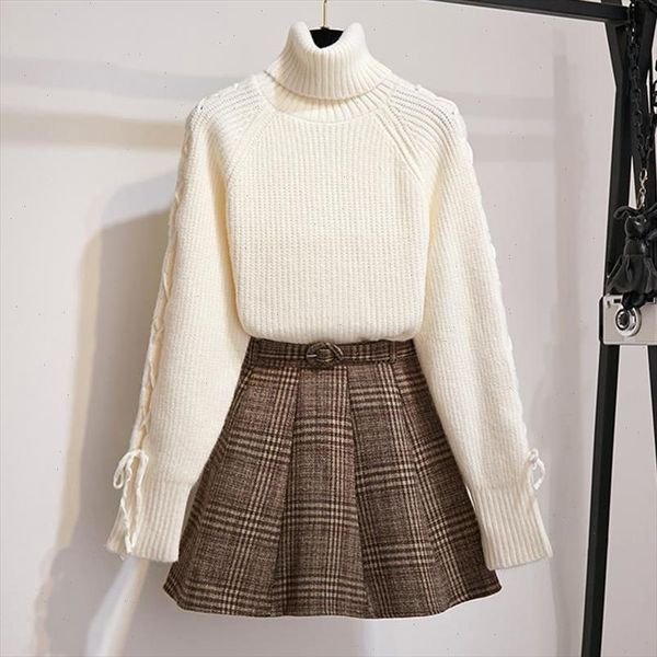 

autumn winter women turtleneck lace up bow sweater knitted belt woolen plaid skirt set student girls two piece outfits, Gray