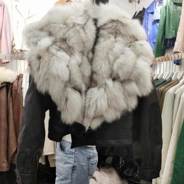 

2019 winter jacket new woman real fur collar leather jacket large natural fur collar short pu leather thickened coat1, Black