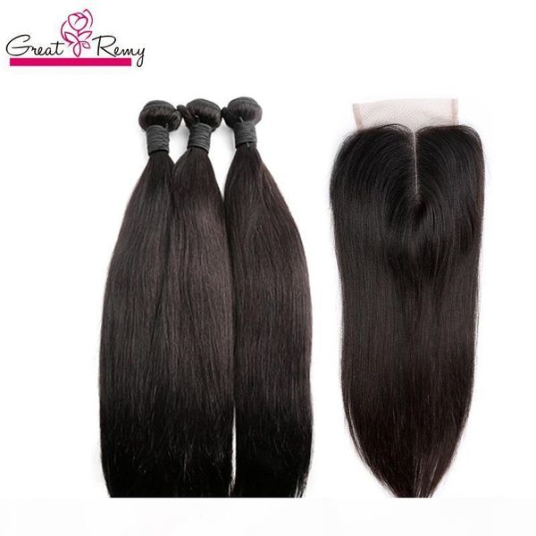 

greatremy brazilian silky straight hair weft with closure 4x4 lace closure with hair bundles 4pcs natural color human virgin hair weave, Black