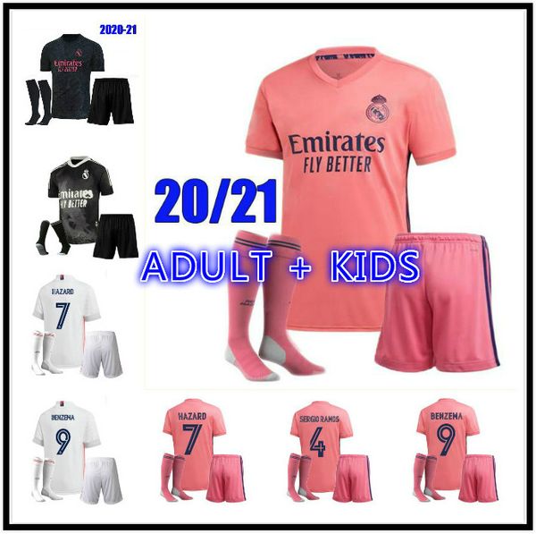 

kids kit 2021 real madrid soccer jersey uniforms 20/21 sergio ramos hazard benzema modric camiseta de futbol football shirt set +socks, Black;yellow
