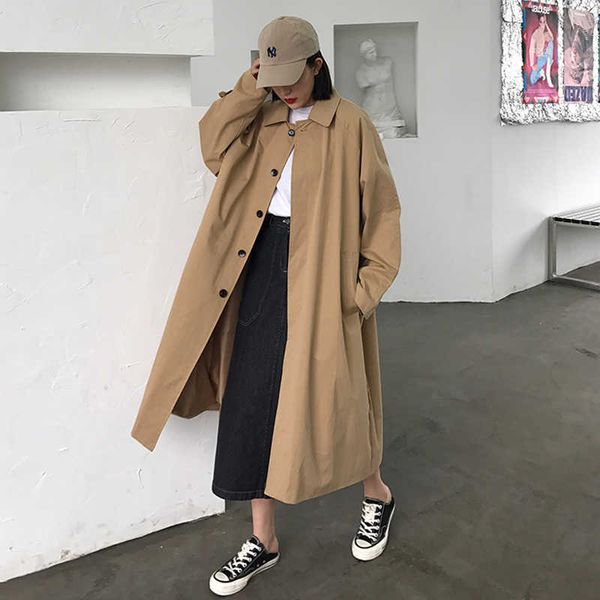 

spring autumn 2020 new fashion female loose vintage long-sleeved trench coat single-breasted casual women's long windbreaker, Tan;black