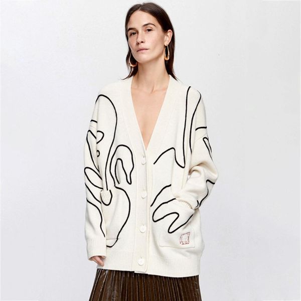 

2021 new embroidered beige retro cardigan women autumn winter long sleeve single breasted sweater casual vintage sweaters vufo, White;black