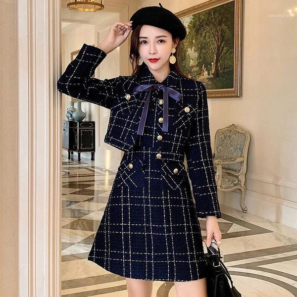 

2020 winter blue plaid tweed wool short jacket + sleeveless vest dress suit women's bow pocket jacket set ladies 2-piece dress1, Gray
