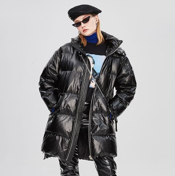 

2021 new winter thick stand collar hooded white duck down material loose style women warm long coat feminino 0pjr, Black