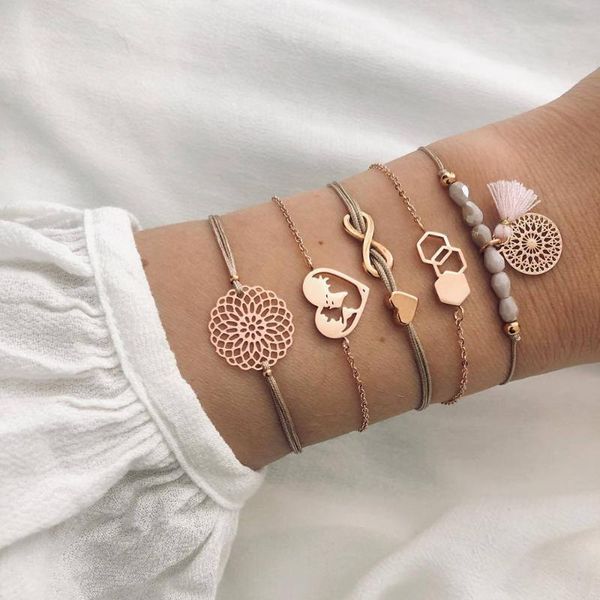 

umka 5 pcs/set boho fashion heart map geometric beaded tassel rope gold bracelet set women charm party wedding jewelry gifts, Black