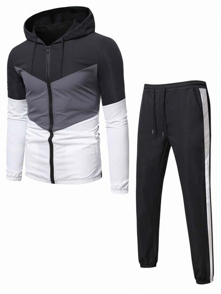 

men zip up cut and sew drawstring hooded jacket & sweatpants 18tj#, Gray