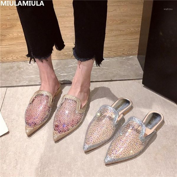 

miulamiula designers 2020 summer bling rhinestone air mesh pointed toe flat slippers loafers mules flip flops1, Black