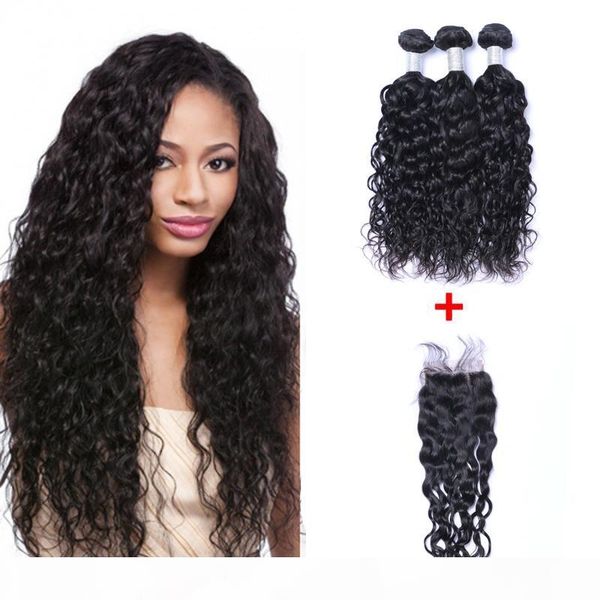 

brazilian natural wave human virgin hair weaves with 4x4 lace closure bleached knots 100g pc natural color double wefts hair extensions, Black;brown