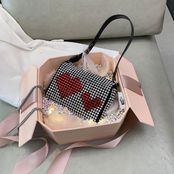 

red heart women rivet diamonds bag rhinestone shoulder bags ladies purse handbags crossbody bags black birthday gift women