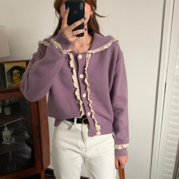 

wxw autumn and winter lace jacket exquisite knitted cardigan korean loose thin breasted stitched lace jacket sweater 4kpup, White;black