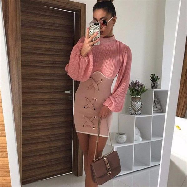

2021 long sleeve fold high-necked eyelet dress solid color elegant bodycon mini dresses vr4751 drop shipping, Black;gray