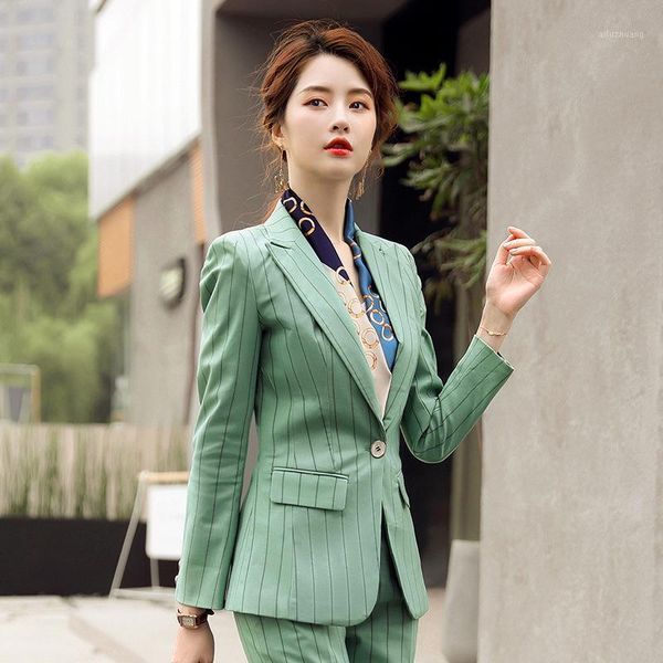 

ladies two piece trouser suit set for women blazer and pencil pant suit womens pink green gray stripes uniform outfit 2 pieces1, White