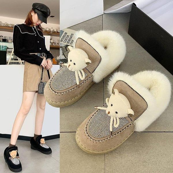 

2020 new fashion bling crystal warm snow boots women bear bow-knot colorful winter plush fur flat heel shoes woman botas mujer, Black
