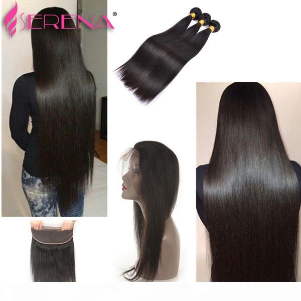 

pre plucked brazilian hair wefts 360 lace frontal with bundle extensiones de cabello straight virgin hair bundles with baby hair extensions, Black;brown