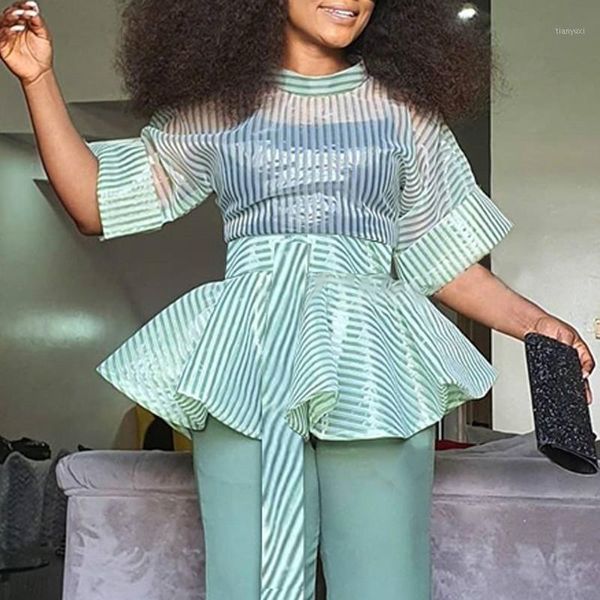 

women blouses thin transparent striped waist belt see through peplum shirt plus size fashion bluas party date birthday1, White