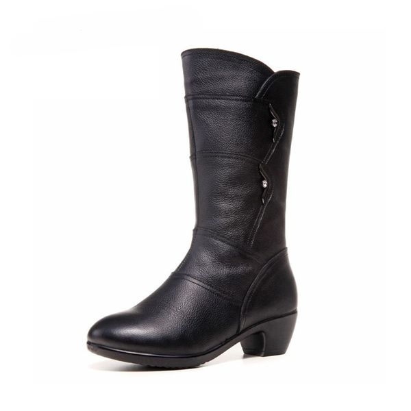 

dongnanfeng women's mother female ladies genuine leather shoes boots botas knee high zipper winter warm plush mid calf plus size lj2010, Black