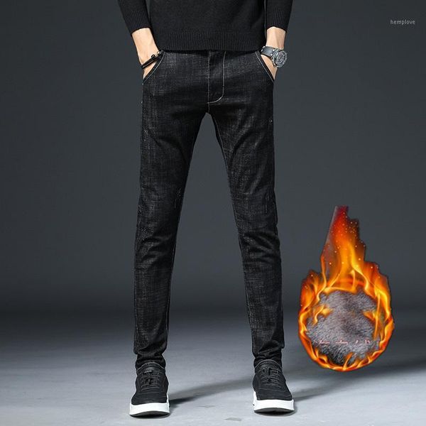 

men fashion winter jeans men black slim fit stretch thick velvet pants warm jeans casual fleece trousers male plus size1, Blue