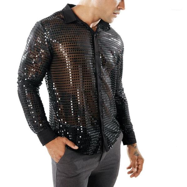 

fashion men's turn down neck single-breasted nightclub shirt dot scales lapel neck long sleeve casual shirt blouse new1, White;black