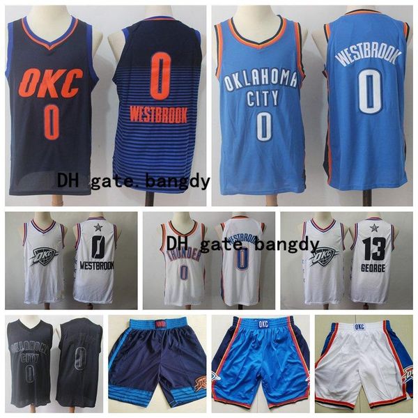

mens oklahoma city thunder nba basketball jerseys russell 0 westbrook paul 13 george basketball shorts blue stitched shirt stock, Black;red