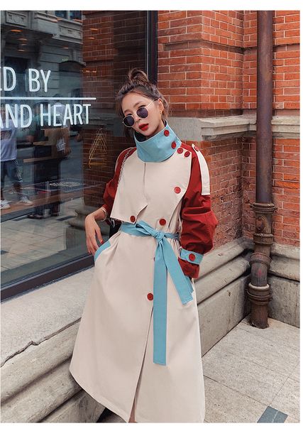 

2021 new female blouse sews contrast long spring new korean loosed unique lapel breasted fashion trench coat9h oom0, Black;brown