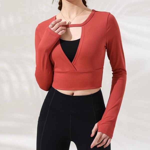 

yoga outfits front back hollow out sport gym wide hem t shirts women long sleeve tight workout fitness crop sportswear1, White;red