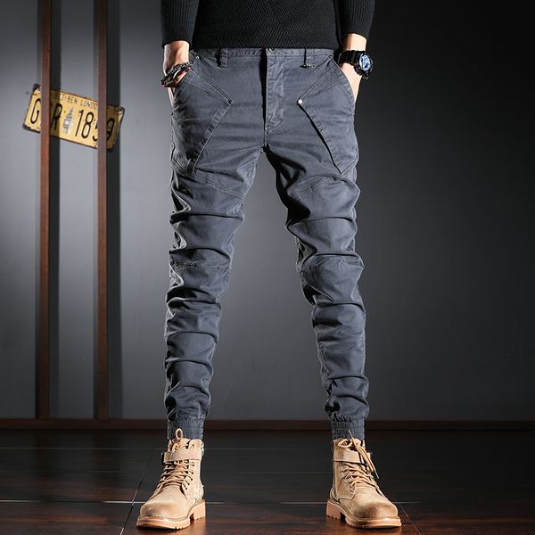 

2021 new fashion streetwear men jeans casual cargo pants elastic spliced designer patchwork hip hop joggers harem trousers 124b, Blue